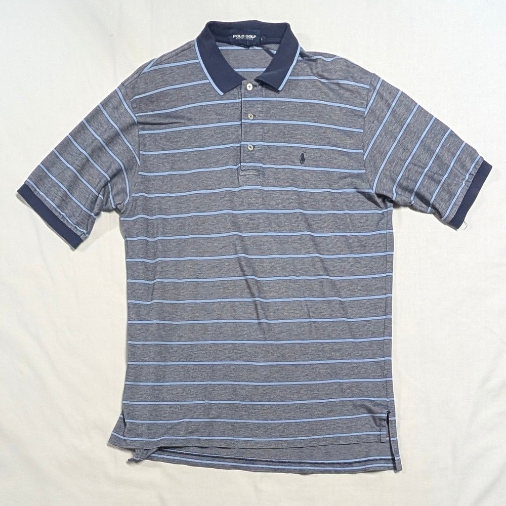 Polo Golf Ralph Lauren Mens Large Grey Blue Striped Short Sleeve Polo Shirt